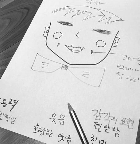 릴레이로 그린 얼굴 그림과 키워드